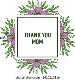 Vector illustration shape card thank you mom for various bright purple flower frame