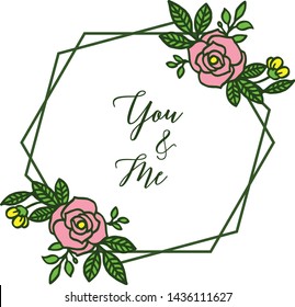 Vector illustration shape of card you and me for beauty colorful wreath frames