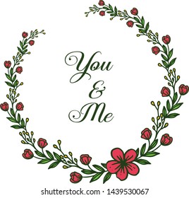Vector illustration shape of card you and me with various bright red wreath frames