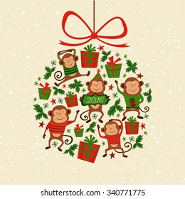  Vector illustration shape of Christmas tree toy with monkeys, symbol of New Year 2016. Good for calendar, notebook cover, poster or party invitations 