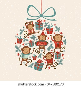 Vector illustration shape of Christmas tree toy with monkeys, symbol of Chinese New Year. Good for calendar, notebook cover, poster or party invitations