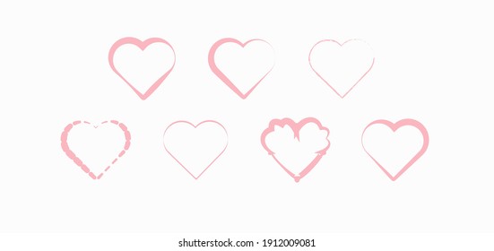 Vector illustration in the shape of a heart. Heart-shaped hand-drawn pink icons set in isolation on a white background. For poster, wallpaper, and Valentine's day. Collection of hearts.