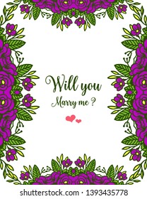 Vector illustration shape will you marry me with pattern purple flower frame hand drawn