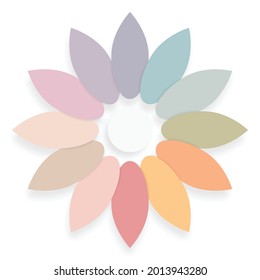 Vector illustration shaped like bunch of leaves arranged in circle multi colored leaves surrounding white circle in the center isolated on white background Abstract of shapes like paper cut