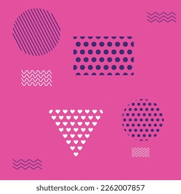 Vector illustration of shapes with repeating patterns isolated on pink background.