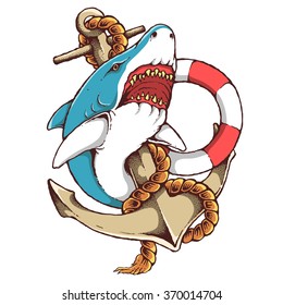 Vector Illustration Of Shark and Anchor With Rope and Lifebuoy