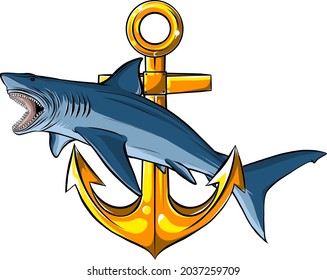 vector illustration of a shark around anchor
