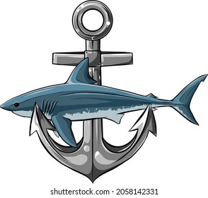 vector illustration of a shark around anchor