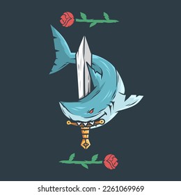 vector illustration of shark biting sword,rose flower element.sea predator design concept.nice t-shirt and sticker print