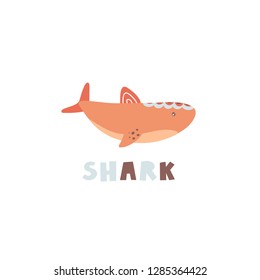 Vector illustration of shark in cartoon flat style with the name.