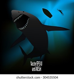vector illustration shark and diver boat background mesh