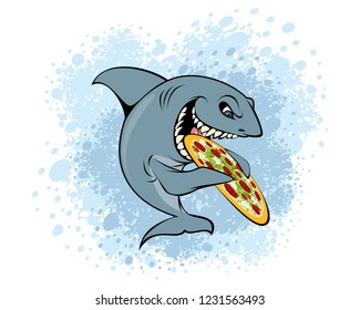 Vector illustration of a shark eating pizza