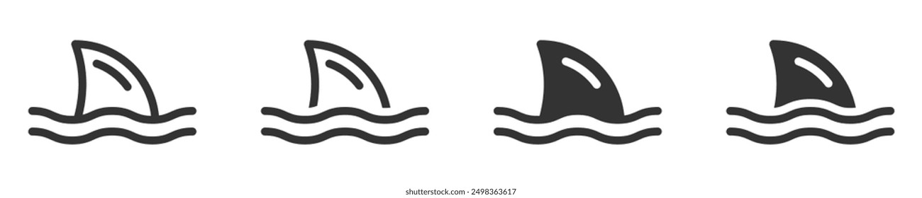 Vector illustration of shark fin icons in water in a simple black and white design.