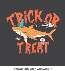 Vector illustration of Shark in a halloween costume. jellyfish, fishbone and typography. For kids t-shirt.