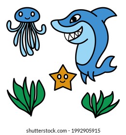 Vector illustration of shark and jellyfish in the sea