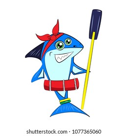 vector illustration. A shark with an oar and a life buoy. For printing on clothing, children's products, scout tent camps, postcards and illustrations.