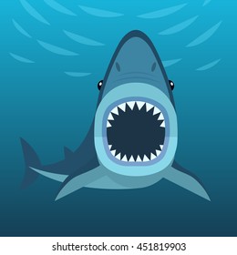 Vector illustration of shark with open mouth full of sharp teeth, isolated on a sea background. Shark attacks under the water.