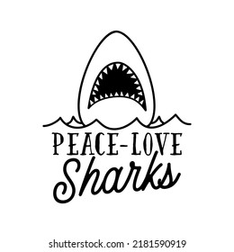 Vector illustration of shark with opened mouth swimming in wavy sea and text against white background