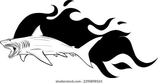 vector illustration, shark silhouette side view, black and white