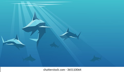 vector illustration of shark swarms on the depth of the ocean