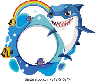Vector illustration of a shark with tropical fish and rainbow.