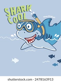 A vector illustration of a shark wearing snorkeling goggles underwater with fish, suitable for t-shirt designs, posters, and greeting cards.