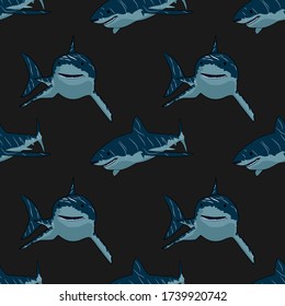 Vector illustration sharks isolated on dark blue background. Seamless pattern.
