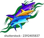 vector illustration of sharks on white background. digital draw