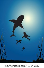 Vector illustration of sharks silhouetted against the surface of the sea