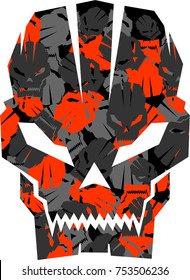 A vector illustration of a sharp edged skull with no curves filled with a camouflage pattern made of random size of the same skull and with the colos red black and grey inside it