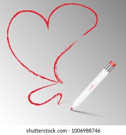 Vector illustration of sharpened detailed wooden graphite white pencil with eraser on top drawing a red heart on a gray background. The concept of love, romance for Valentine's Day.