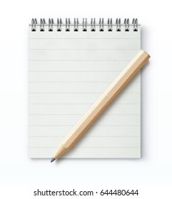 Vector illustration of sharpened detailed wooden pencil with coil bound notebook 