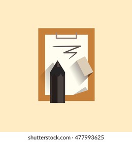 Vector illustration of sharpened fat black pencil with paper page and eraser