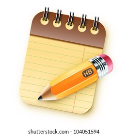 Vector illustration of sharpened fat yellow pencil with coil bound notebook