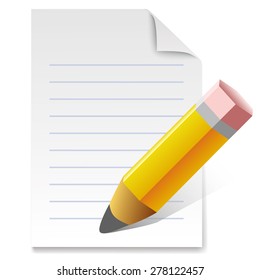Vector illustration of sharpened fat yellow pencil with paper