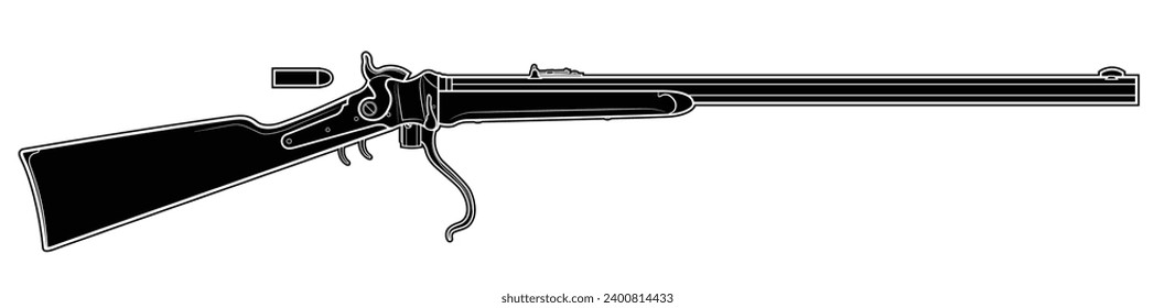 Ilustración vectorial del rifle de Sharps Cavalry con un bloque de pulpa abierta en el fondo blanco. Negro. Del lado derecho.
