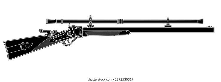 Vector illustration of the Sharps rifle with a scope and folded diopter on the white background. Black. Right side.