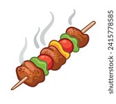 Vector illustration of shashlik with grilled meat and vegetables.  Kebab, shashlik, grilled on a skewer, food meat in cartoon style.