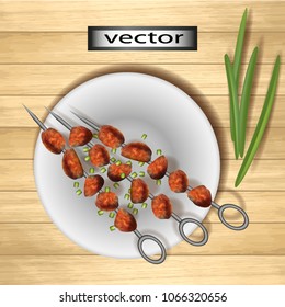 Vector illustration. Shashlik, grilled meat on skewers, served on a wooden table, organic products. Meat appetizer for food. Delicious Lunches, dinners from the meat menu. Realistic image. 3D.