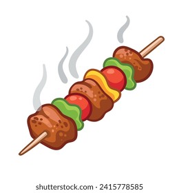 Vector illustration of shashlik with grilled meat and vegetables.  Kebab, shashlik, grilled on a skewer, food meat in cartoon style.