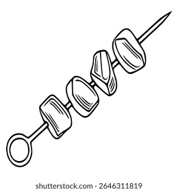 A vector illustration of a shashlik skewer with four pieces of meat, presented in a hand-drawn style with bold black outlines against a white background, showcasing a simple yet effective design fo...
