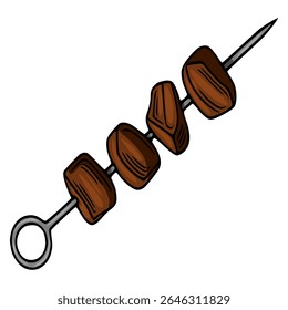 A vector illustration of a shashlik skewer with four pieces of meat, depicted in a cartoon style with dark brown meat and a metallic skewer.
