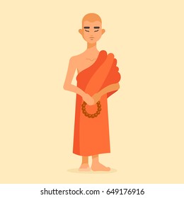 Vector illustration of shaved buddhist monk. Full-length person image. He stands and keeps a rosary. Orange cape. His eyes are closed. Meditation and pacification