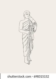 Vector illustration of shaved buddhist monk. Full-length person image.