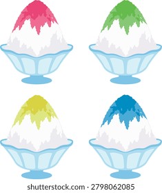 Vector illustration of a shaved ice set: strawberry, melon, lemon, and blue Hawaii.