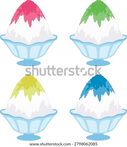 Vector illustration of a shaved ice set: strawberry, melon, lemon, and blue Hawaii.