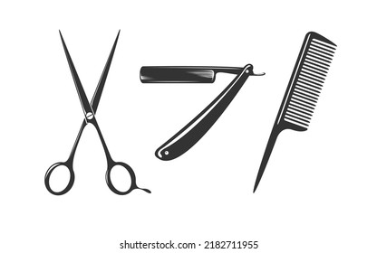 vector illustration of a shaving tool containing scissors, a razor, and a hair comb