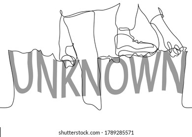 vector illustration in she continuous line art style. man climbs the fence from the word "UNKNOWN". The concept of mystery, obscurity, riddle, unsolved issues, anonymity,
