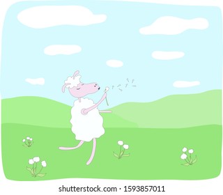 Vector illustration of a sheep blowing on a dandelion on a summer field