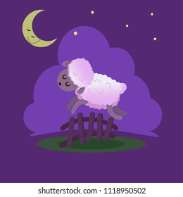 Vector illustration. Sheep with eyes closed jumping over the fence. 